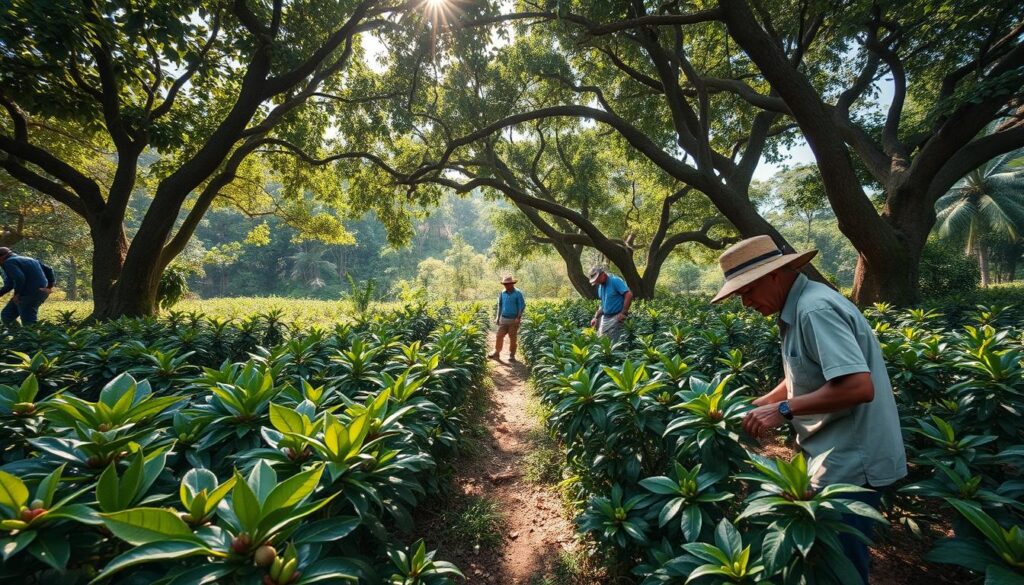 Agricultores de café implementando prácticas sostenibles en un cultivo bajo sombra, tendencia clave en la cultura cafetera global actual