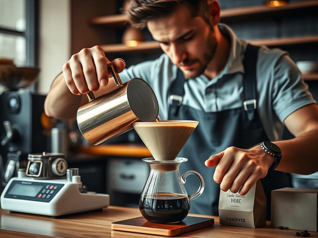 Barista preparando café de especialidad con métodos alternativos, representando las tendencias actuales en la cultura cafetera global