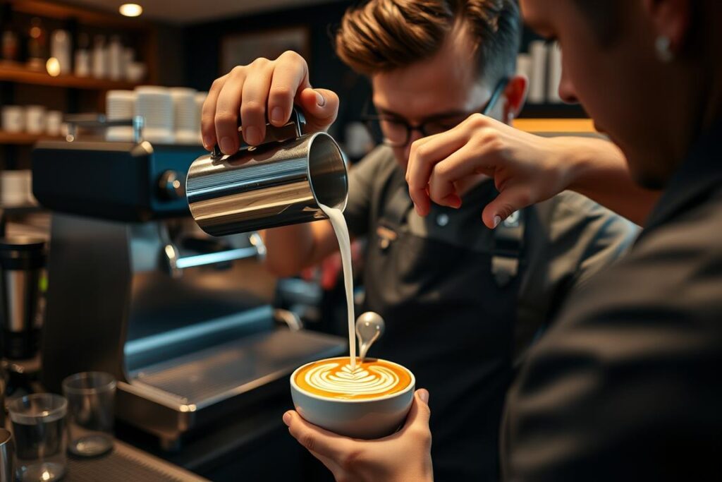 Barista profesional realizando arte latte en una cafetería moderna