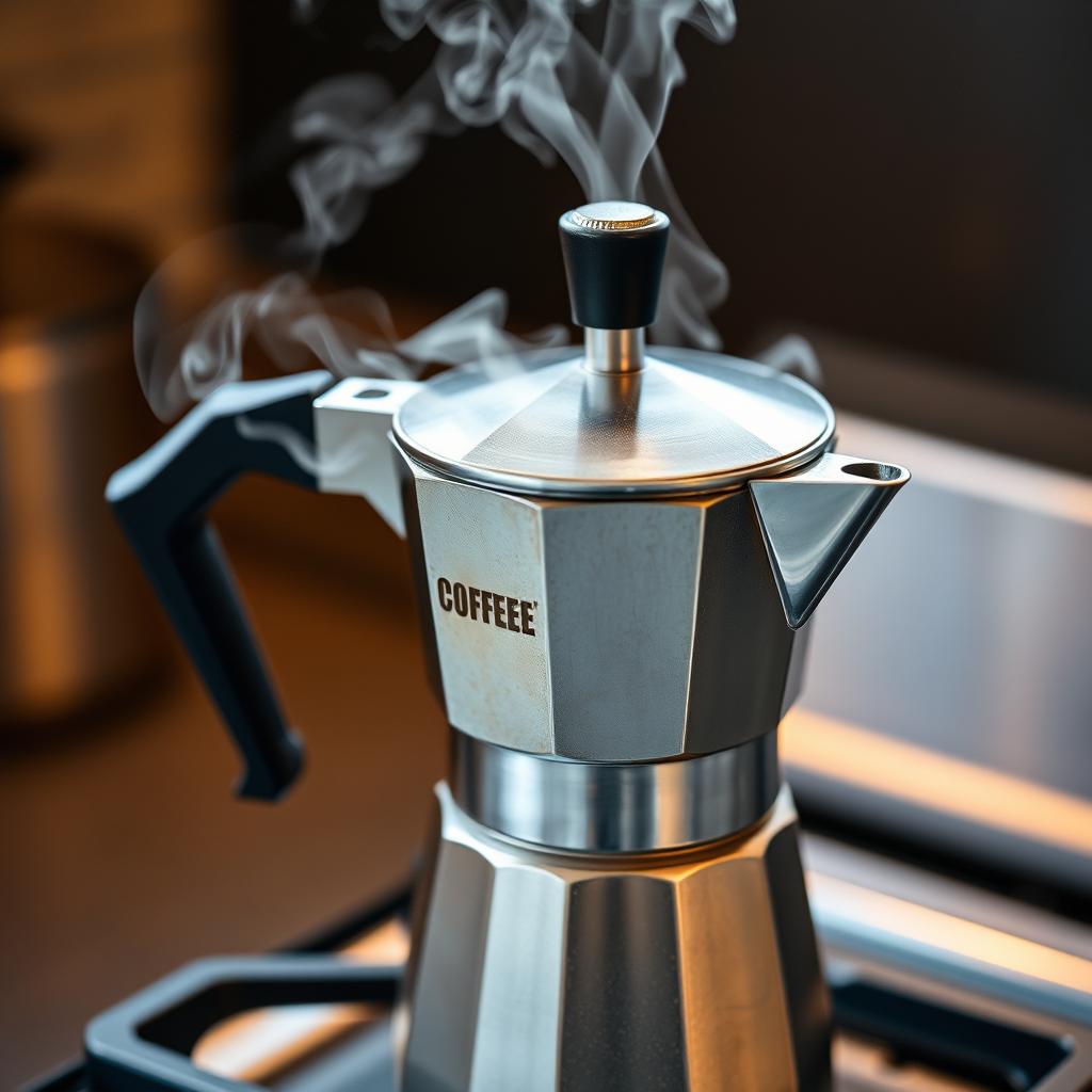 Cafetera italiana preparando café perfecto con vapor saliendo