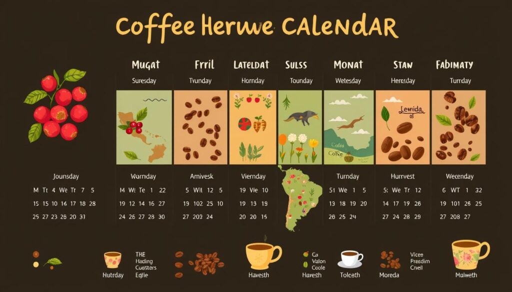 Calendario visual de temporadas de cosecha de café perfecto por regiones