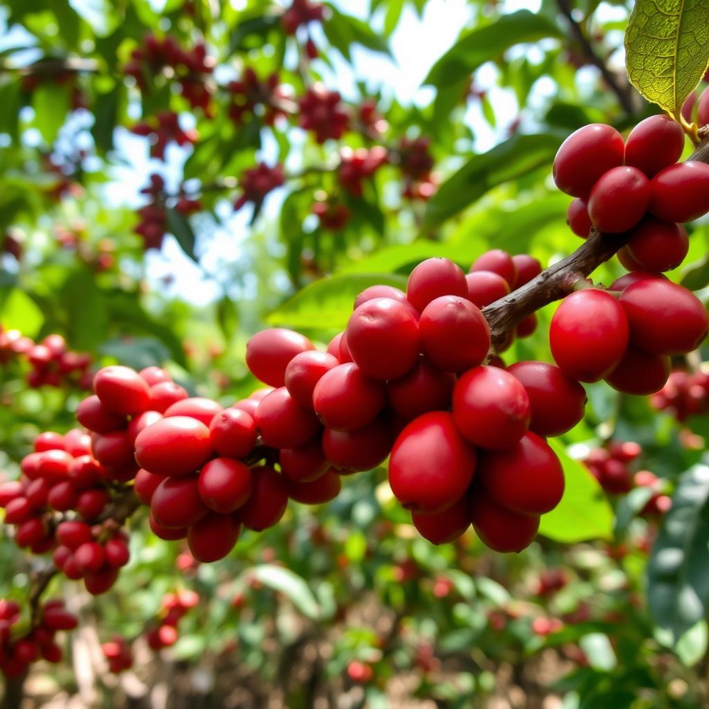 Cerezas de café maduras en una plantación etíope de café de especialidad