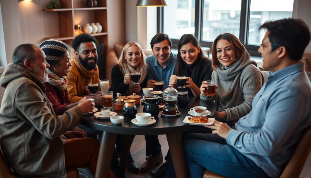 Diversas personas de diferentes culturas compartiendo café en un entorno moderno, simbolizando cómo la cultura cafetera global une a las personas