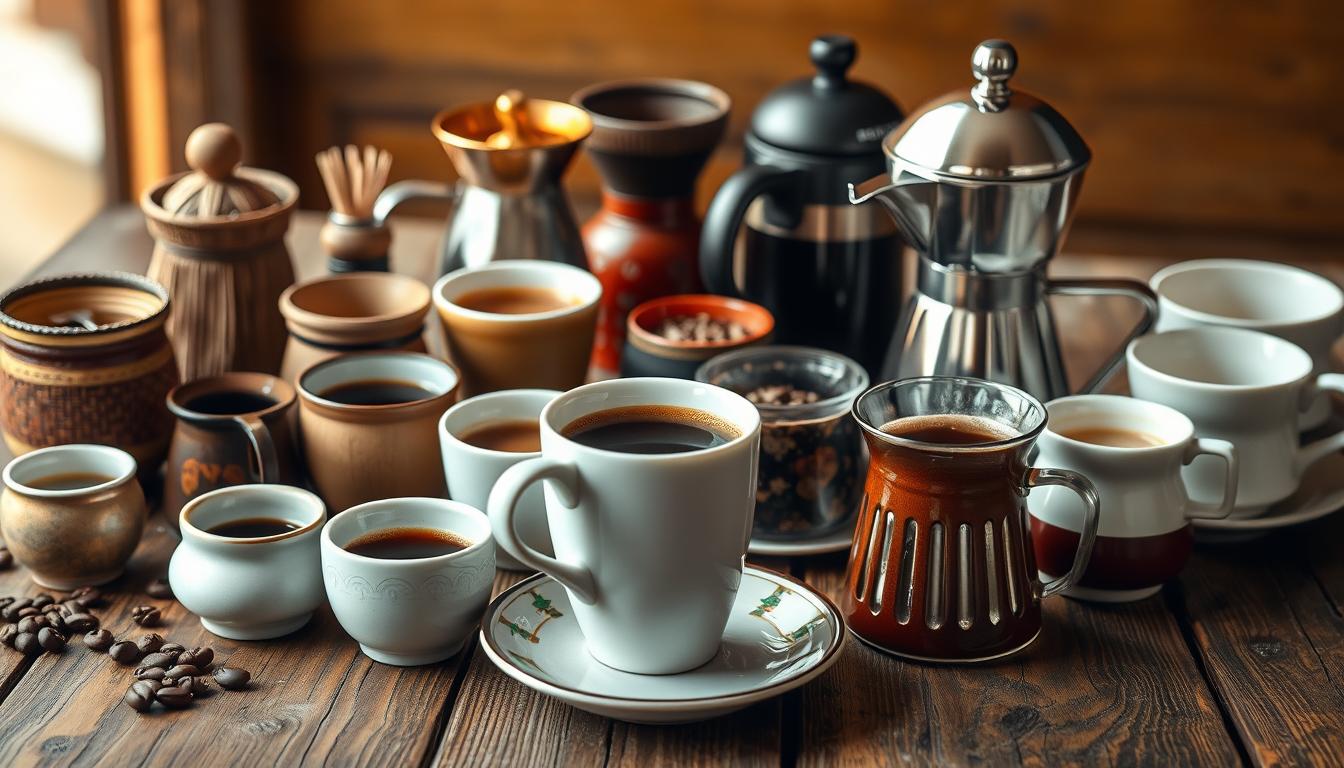 Diversas tazas de café de diferentes culturas alrededor del mundo representando la cultura cafetera global
