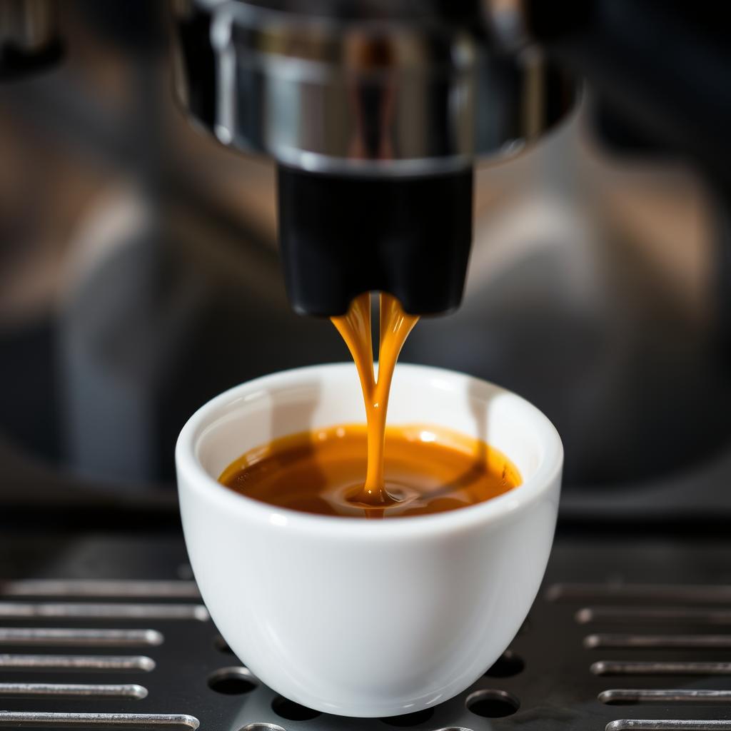 Espresso perfecto con crema dorada cayendo en una taza pequeña