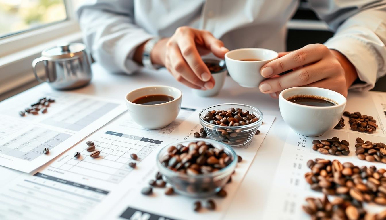 Granos de café de especialidad siendo evaluados por un catador profesional durante una sesión de El Arte del Café de Especialidad