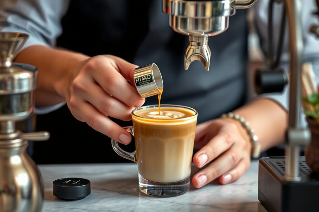 Innovadora preparación de café de fusión cultural que combina técnicas tradicionales con ingredientes modernos, reflejo de la evolución de la cultura cafetera global