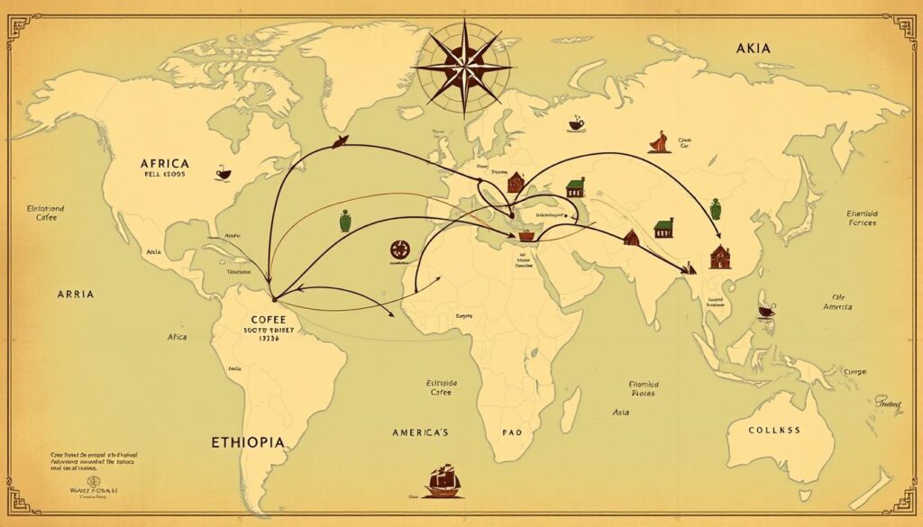 Mapa histórico ilustrando la expansión del café desde Etiopía hacia el resto del mundo, elemento clave de la cultura cafetera global