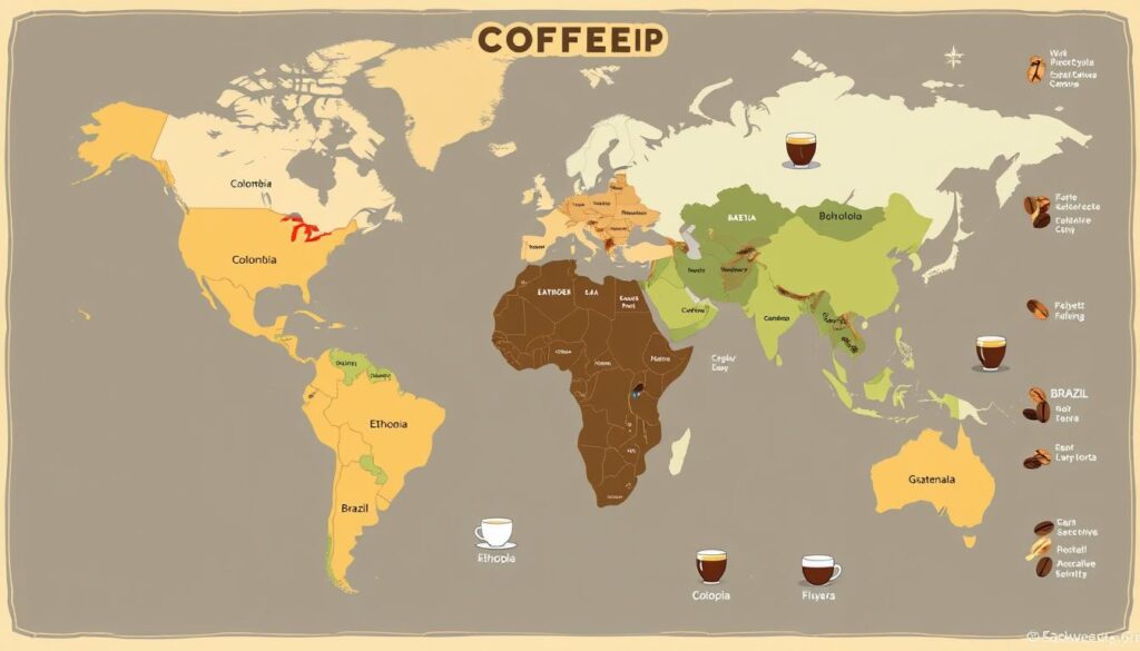 Mapa mundial ilustrativo de regiones productoras de café perfecto con sus perfiles de sabor característicos