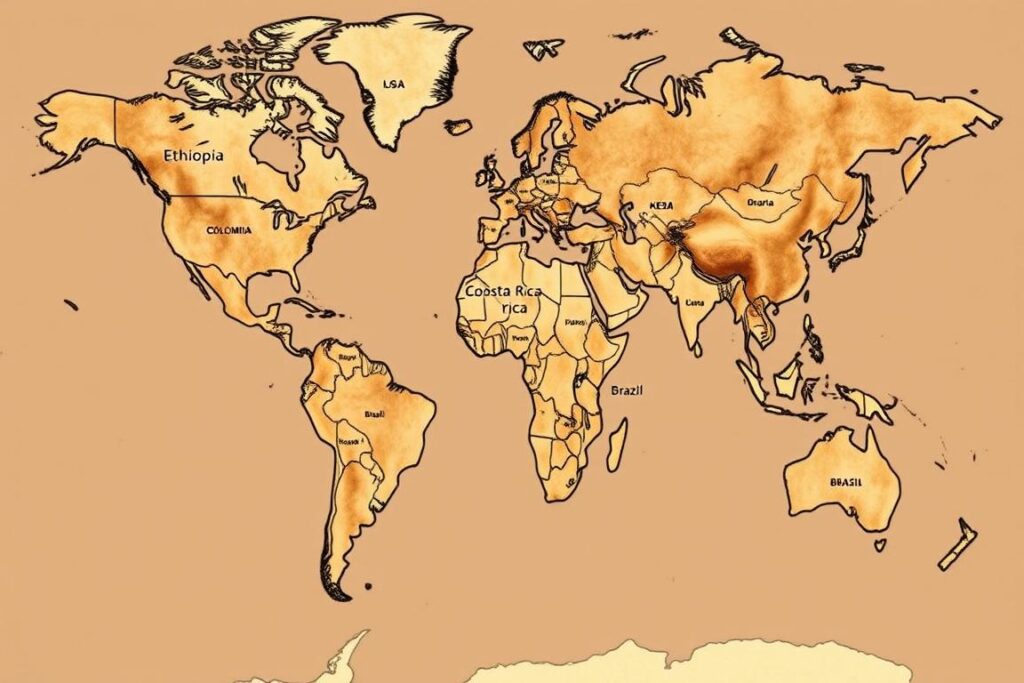 Mapa mundial mostrando las principales regiones productoras de café de especialidad con énfasis en el Cinturón del Café