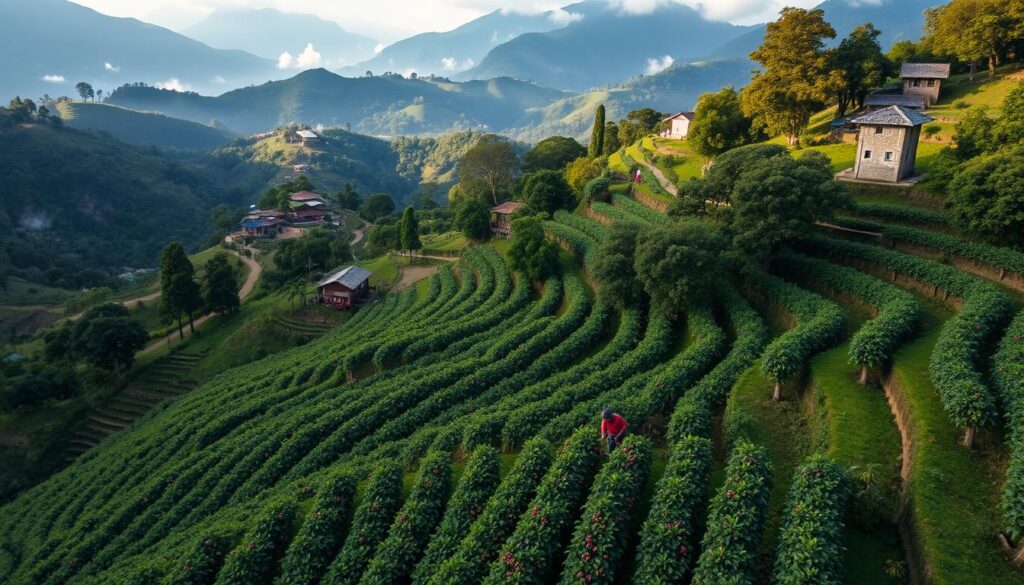 Paisaje de cultivo de café en Colombia mostrando el sistema de terrazas en montañas, parte esencial de la cultura cafetera global