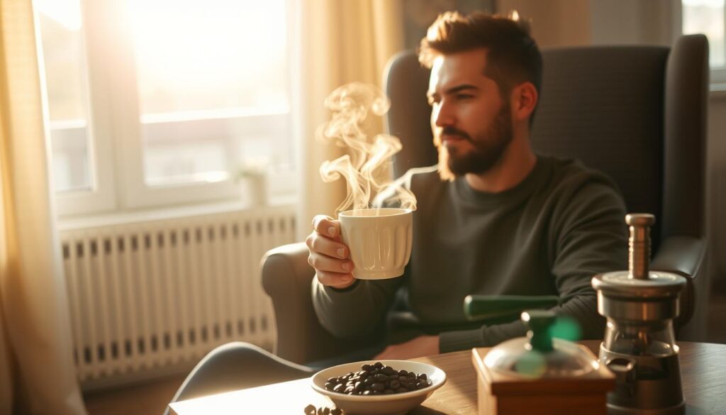 Persona disfrutando de una taza de café perfecto en un ambiente acogedor