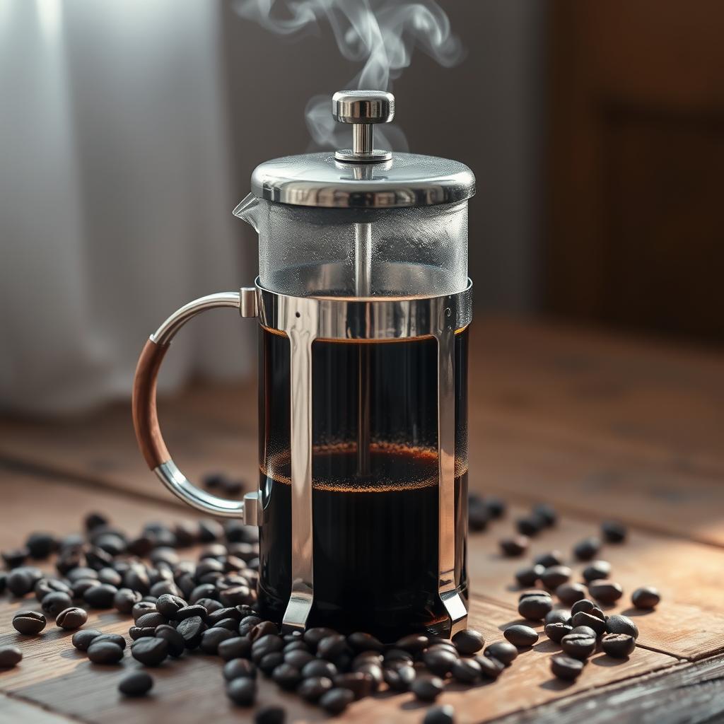 Prensa francesa de vidrio con café perfecto recién preparado