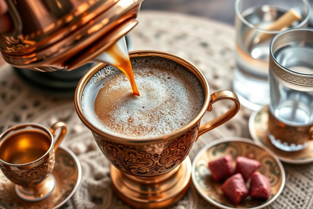 Preparación tradicional del café turco con cezve y tazas decoradas representativas de la cultura cafetera global