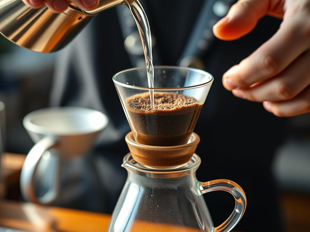 Proceso de preparación de café con método de filtro, mostrando agua vertiéndose sobre café molido