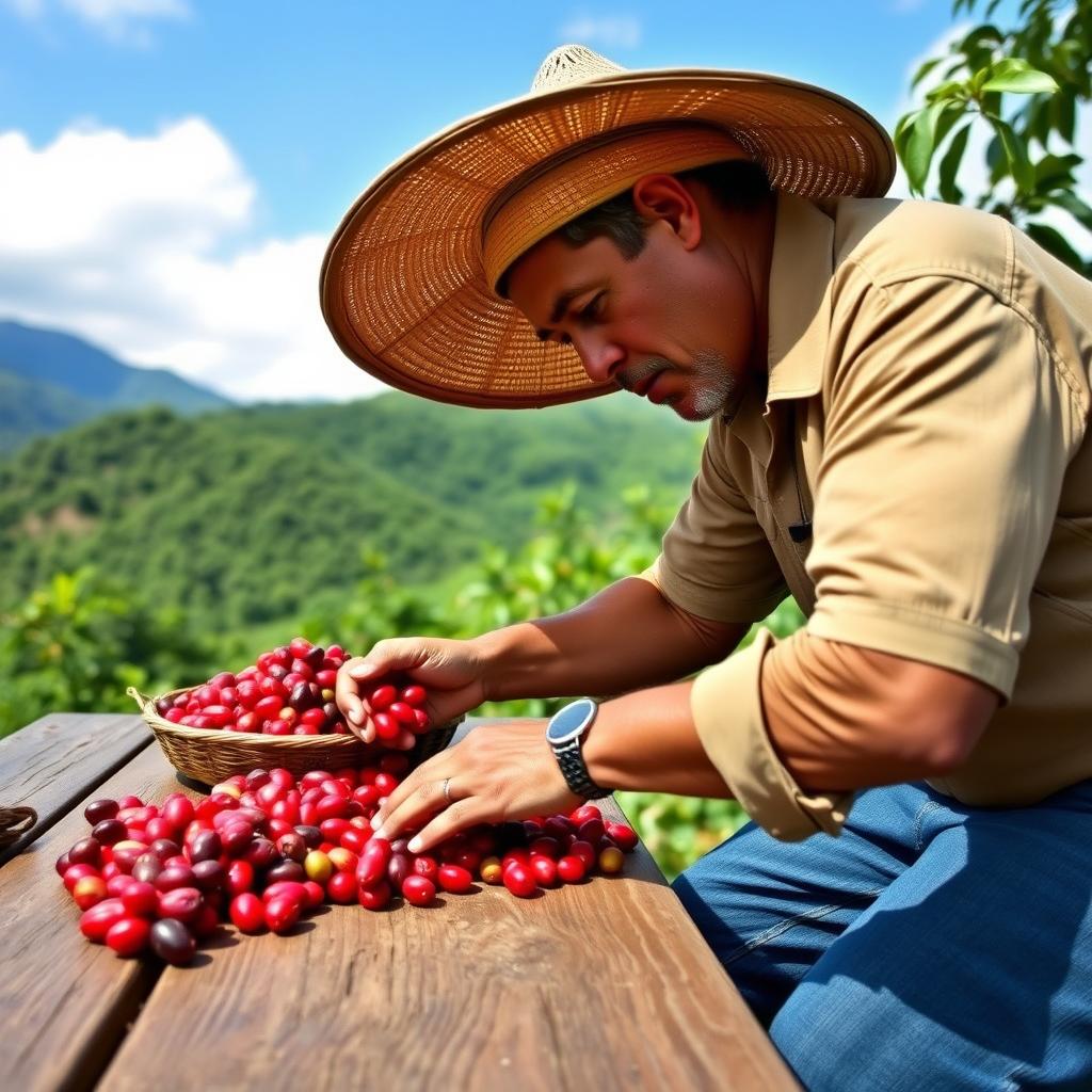 Productor colombiano seleccionando cuidadosamente granos de café de especialidad