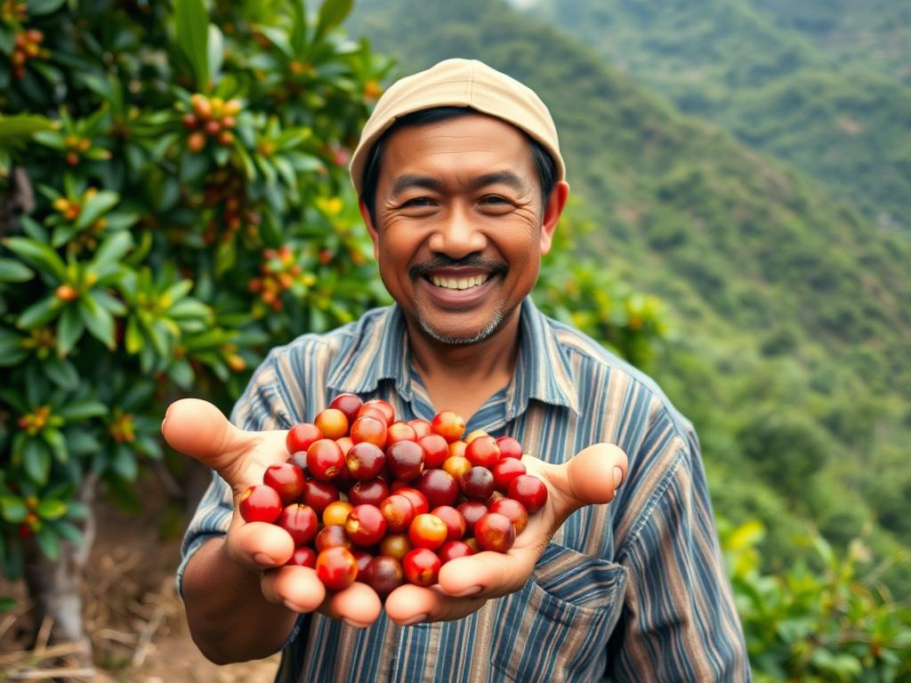 Productor de café de especialidad mostrando sus granos recién cosechados