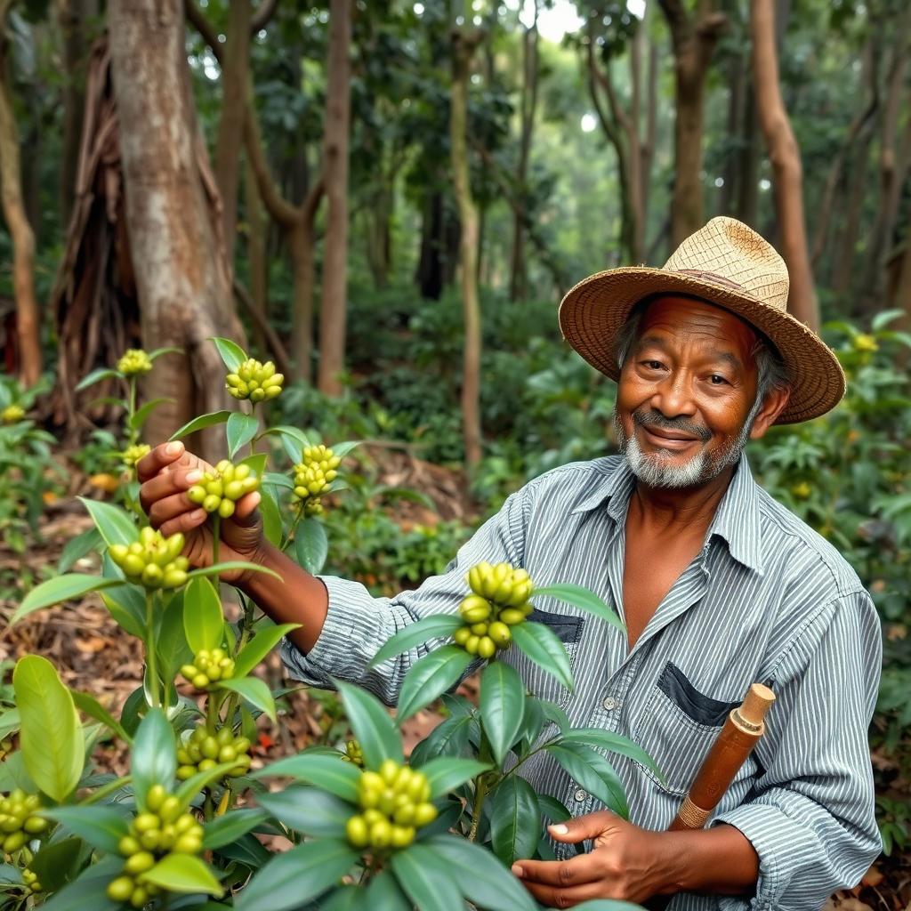 Productor etíope de café de especialidad mostrando sus métodos tradicionales de cultivo