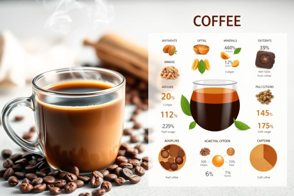 Taza de café con representación gráfica de sus componentes nutricionales