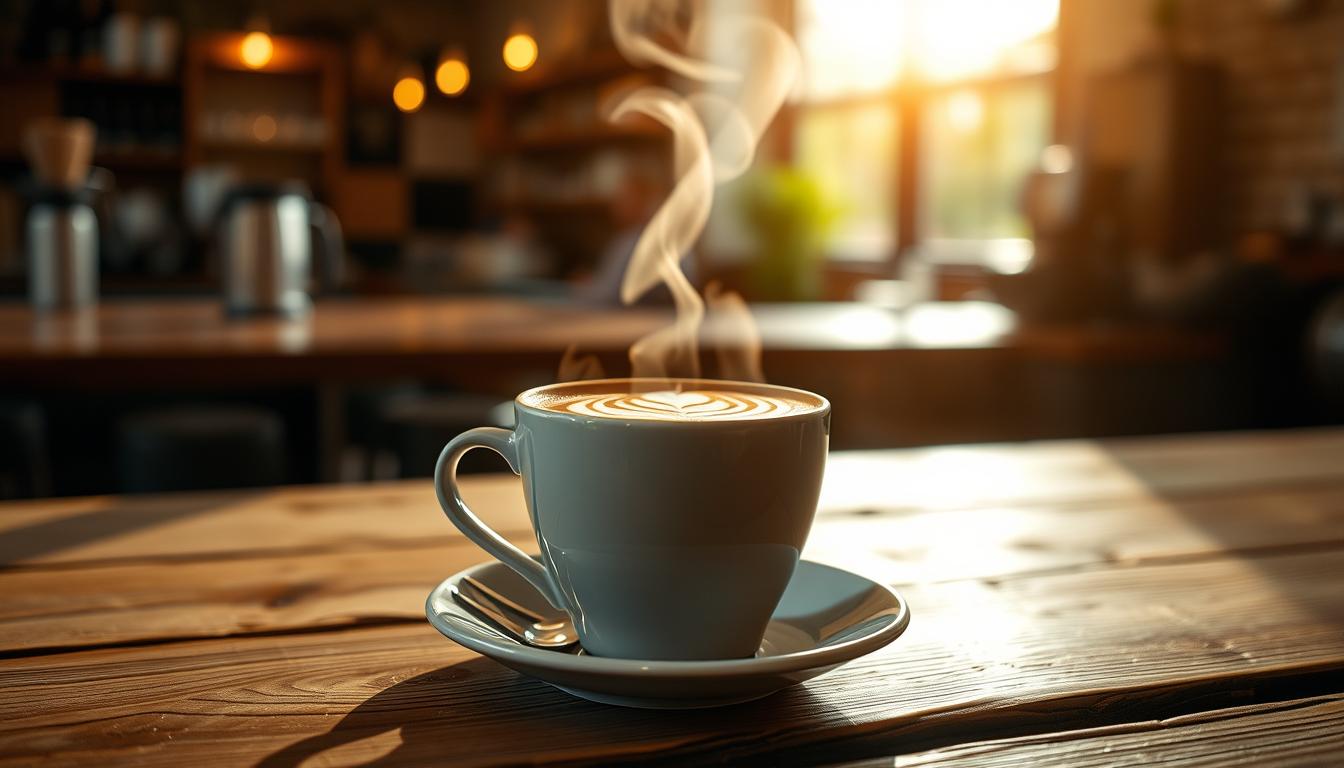 Taza de café de especialidad con arte latte sobre una mesa de madera rústica