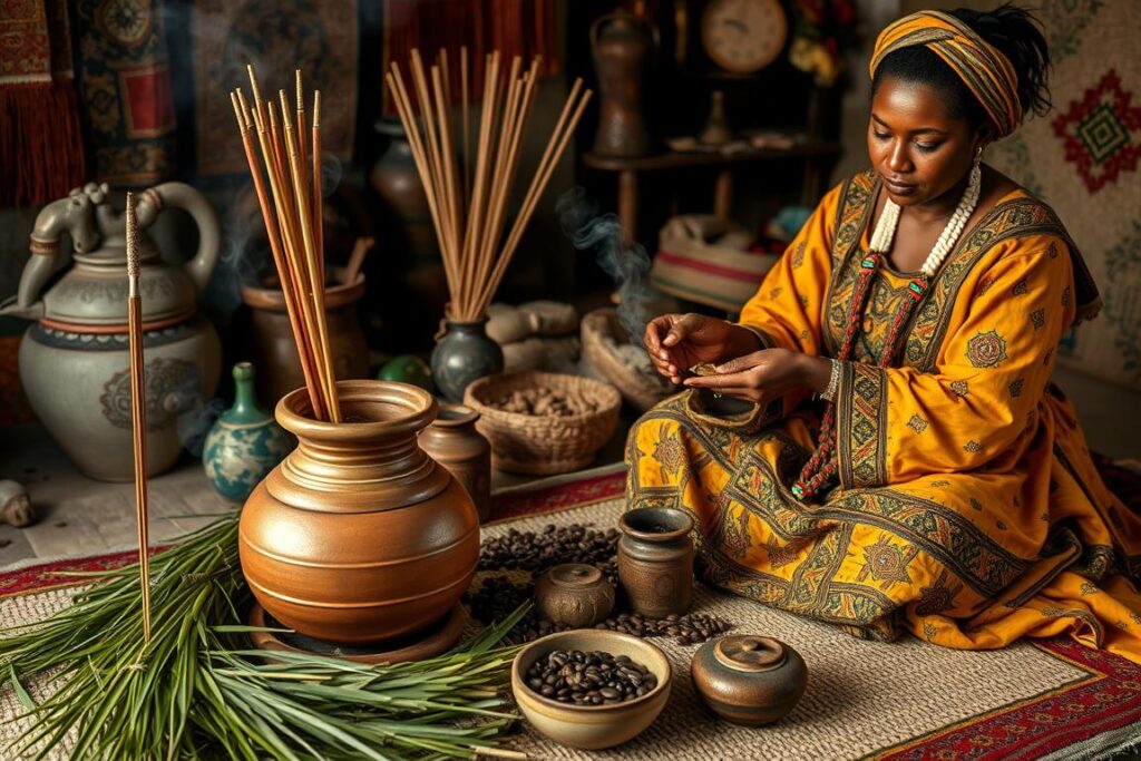 Tradicional ceremonia de café etíope con todos sus elementos culturales