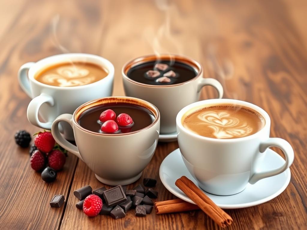 Tres tazas de café perfecto representando diferentes perfiles de sabor: frutal, chocolatado y especiado