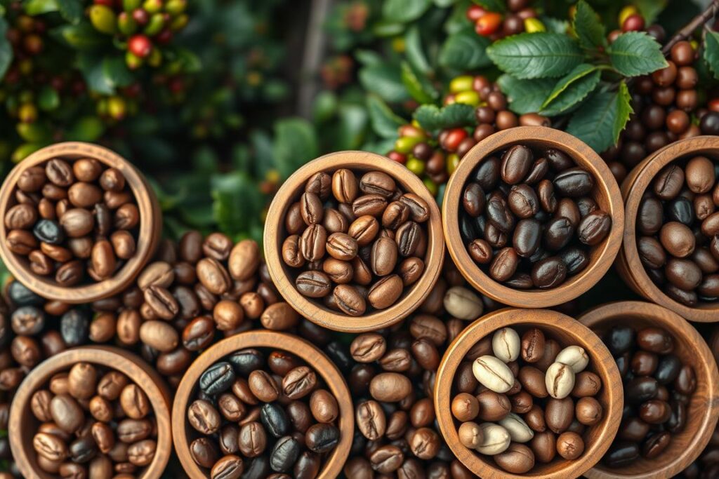 Variedad de granos de café de especialidad de diferentes orígenes
