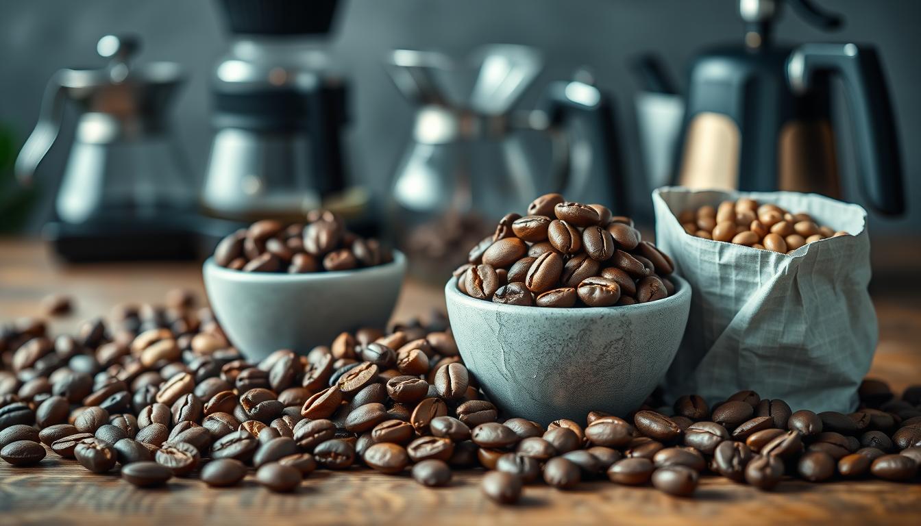 Variedad de granos de café perfecto de diferentes orígenes y tuestes